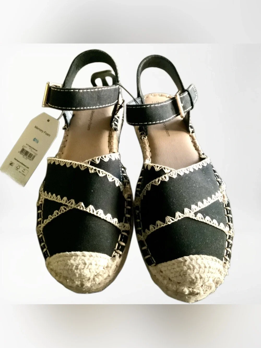 Time and Tru Black And Tan Espadrille Flats Sandals With Ankle Strap Women’s 6.5